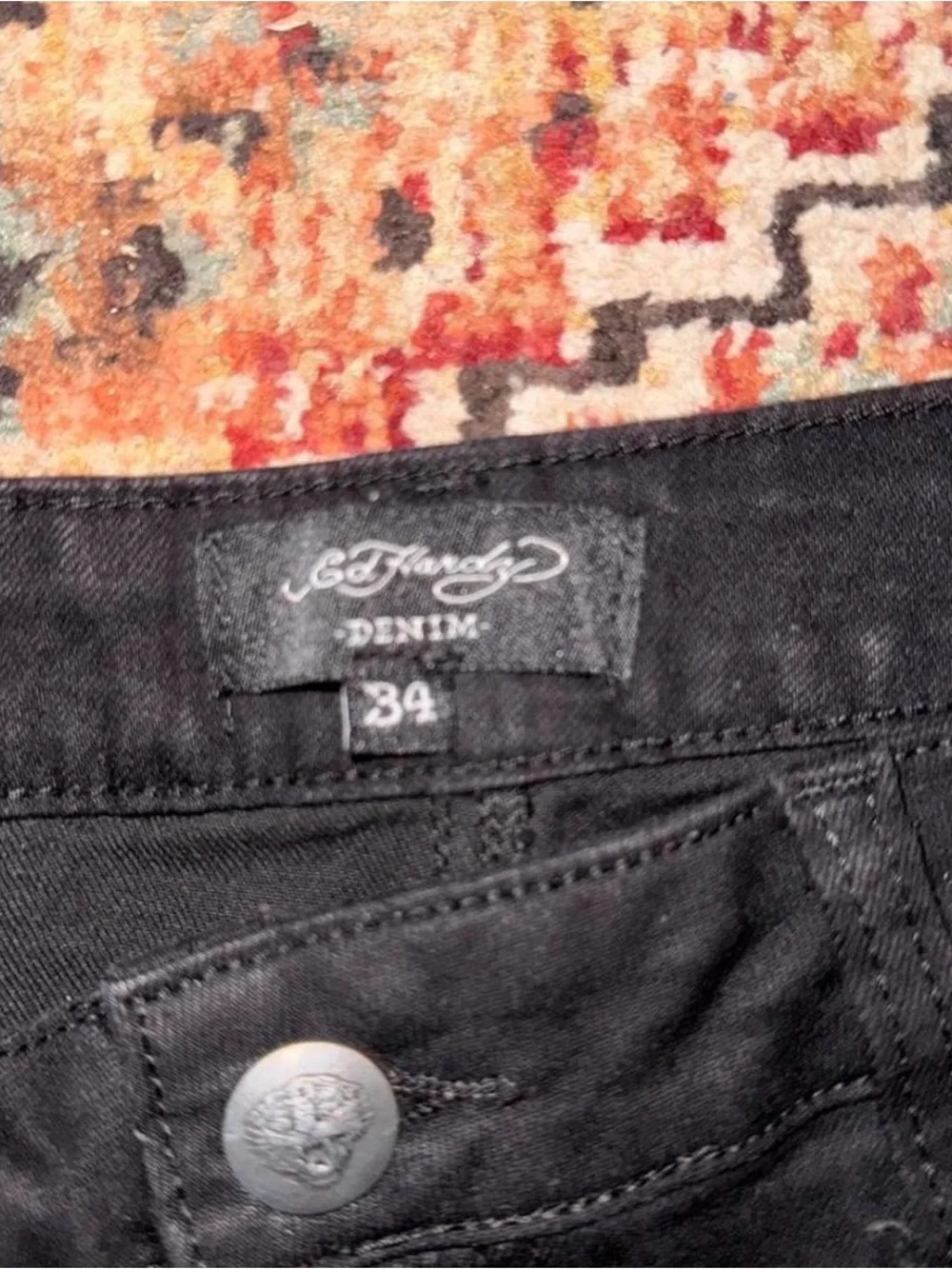 Ed Hardy Black Capri Pants with Embroidered Rose